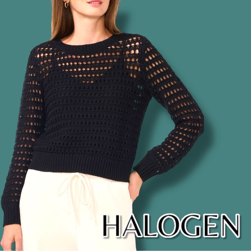 EUC HALOGEN Open Knit Crew Neck Sweater in Black. Size XXS - Picture 1 of 12
